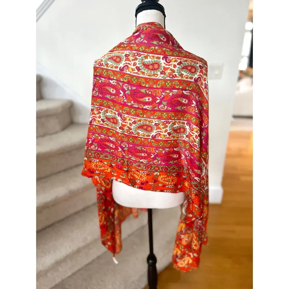 Orange Pink Green Paisley Print Shawl Wrap Scarf